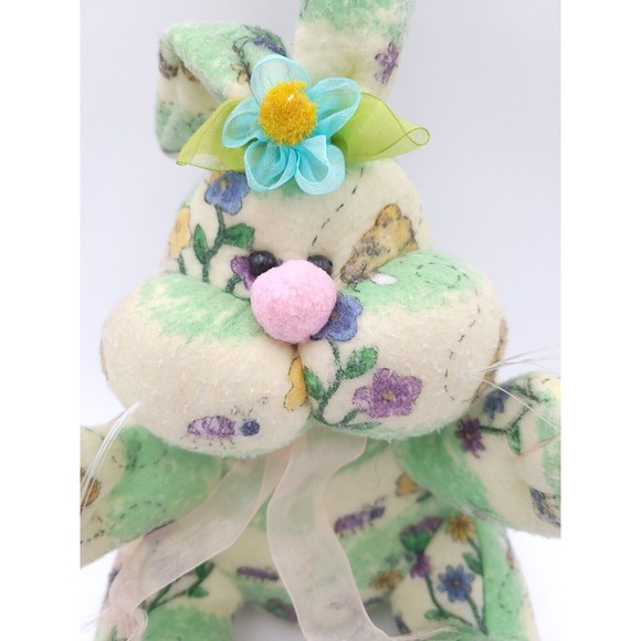 Plush Bunny Rabbit Flower Tapestry Style Pattern Green Blue Pink Ribbon Easter - Picture 2 of 8
